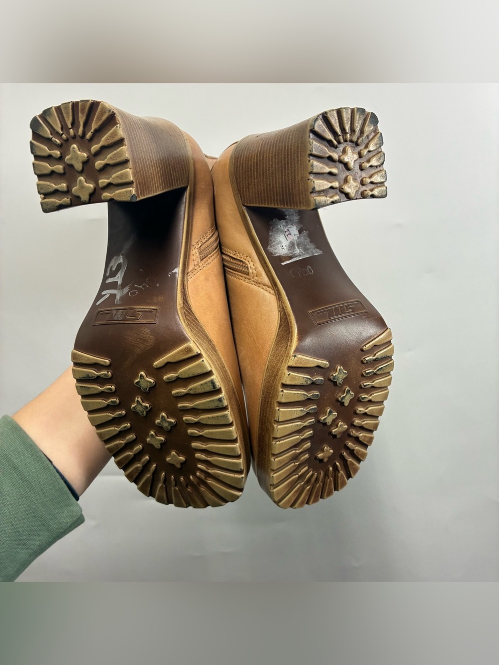 Vintage 90s Steve Madden 6.5 6 1/2 LIZIE Leather Chunky Heel Platform Boots Tan - Picture 4 of 12